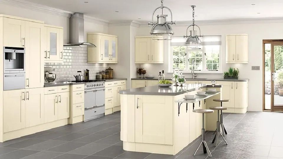 white modular kitchen with a kitchen island, cabinets and appliances