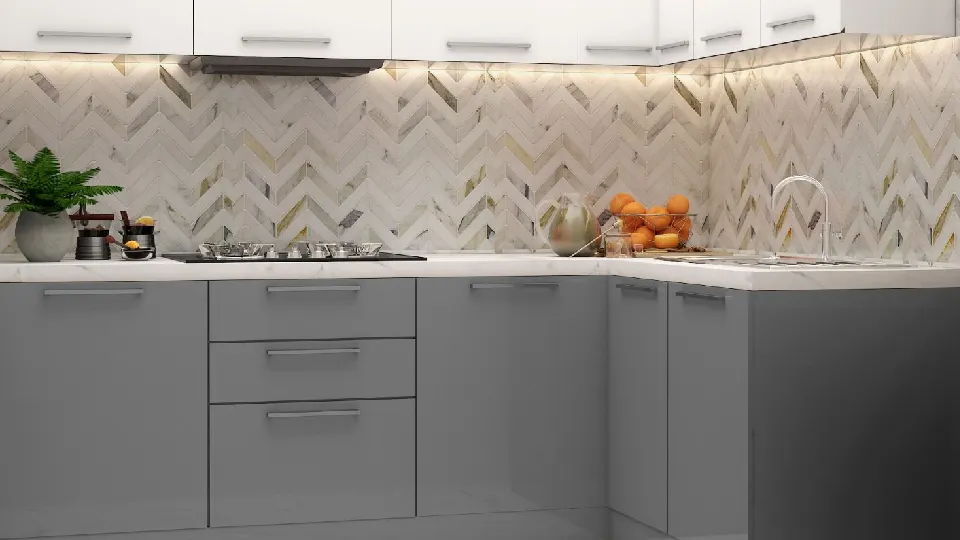 grey cabinets and white cupboards in a modern kitchen design