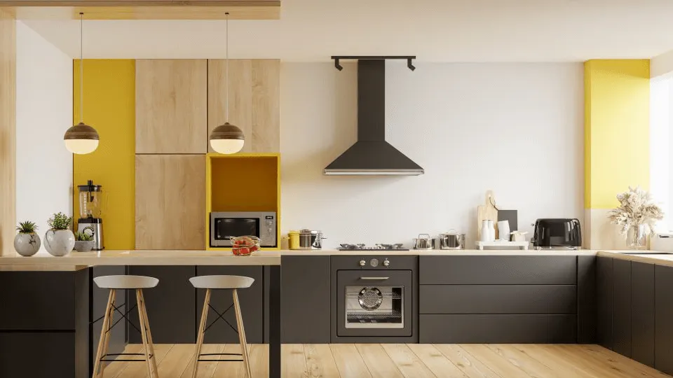 black cooking area with a chimney, cooking area island and brown wooden floors