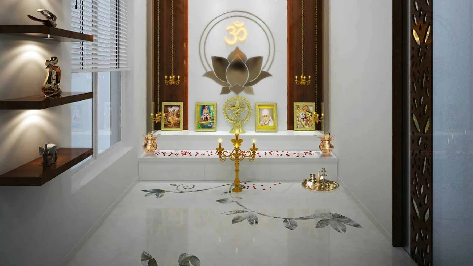 white prayer room with brown accents