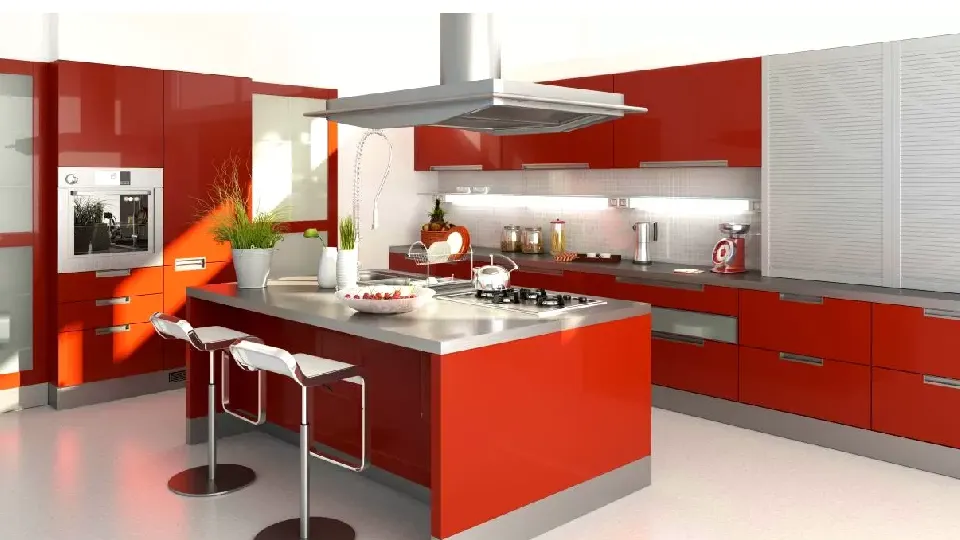 red kitchen design with a kitchen island, chimney, chairs and appliances