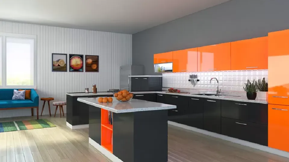 grey kitchen with a kitchen island, cabinets and appliances