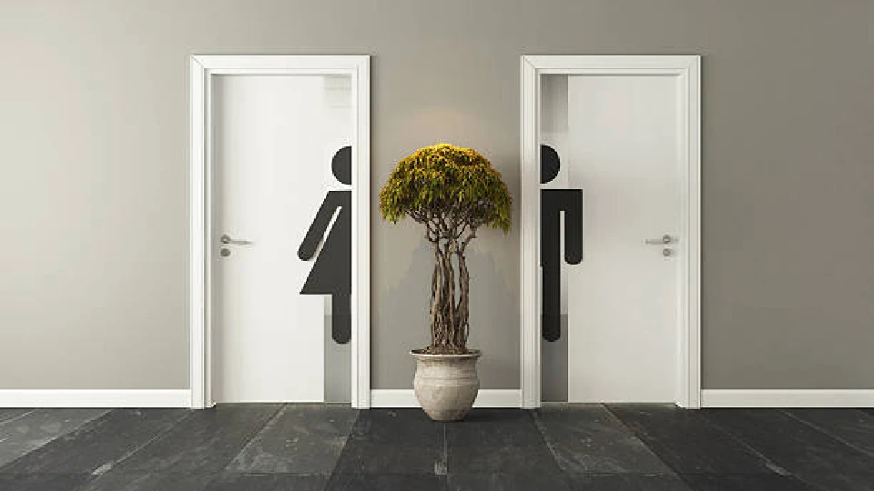 white bathroom designs with male and female figures