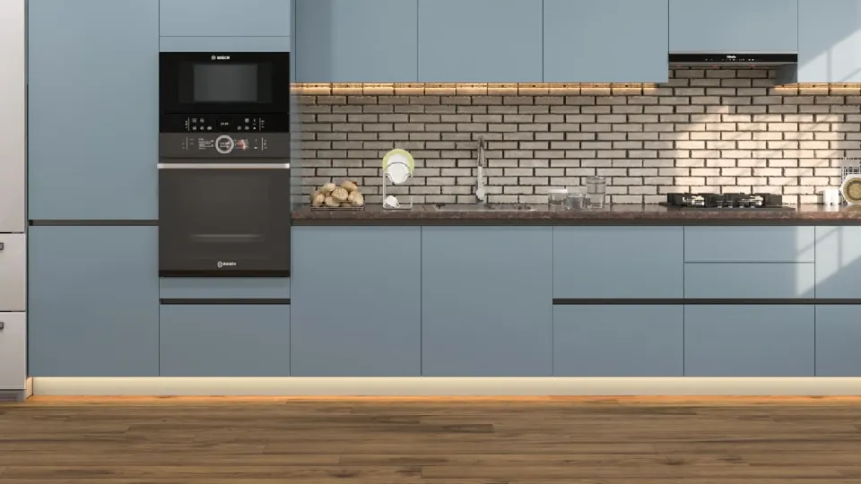 blue modular kitchen design with cabinets, cupboards, appliances and brown wooden flooring