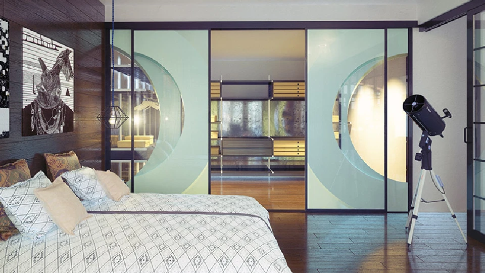 glass gate for the bedroom with a white bed