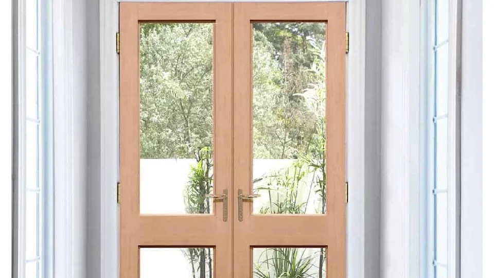 Appealing light brown western hemlock wooden door design for a modern home