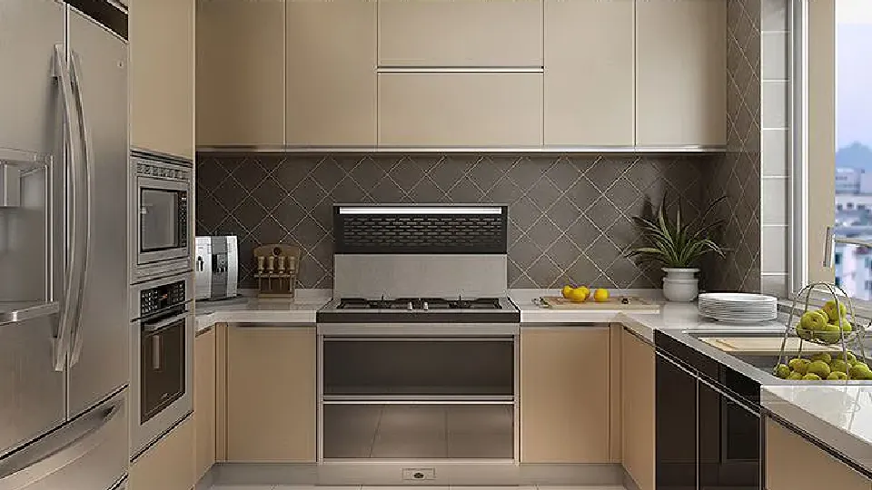 brown kitchen design with cupboards, appliances and cabinets