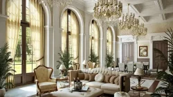 Beautiful furniture in living room, ceiling adorned by chandeliers- furniture companies in india