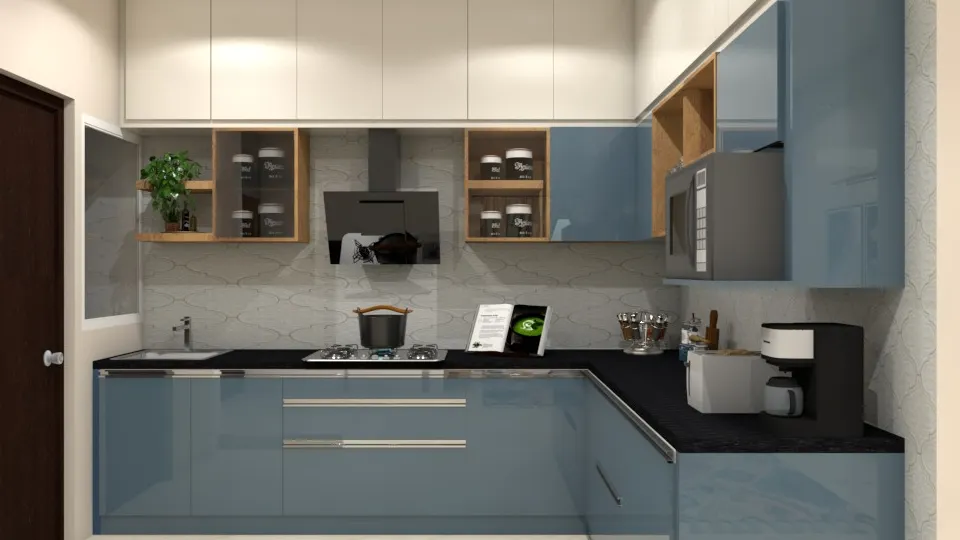 blue l shaped layout with cabinets, cupboards and appliances