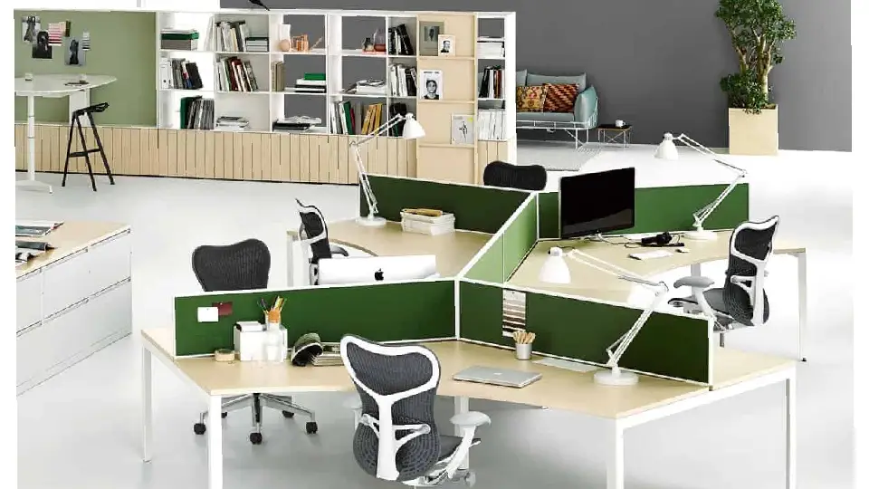 green and light brown office furniture setup 