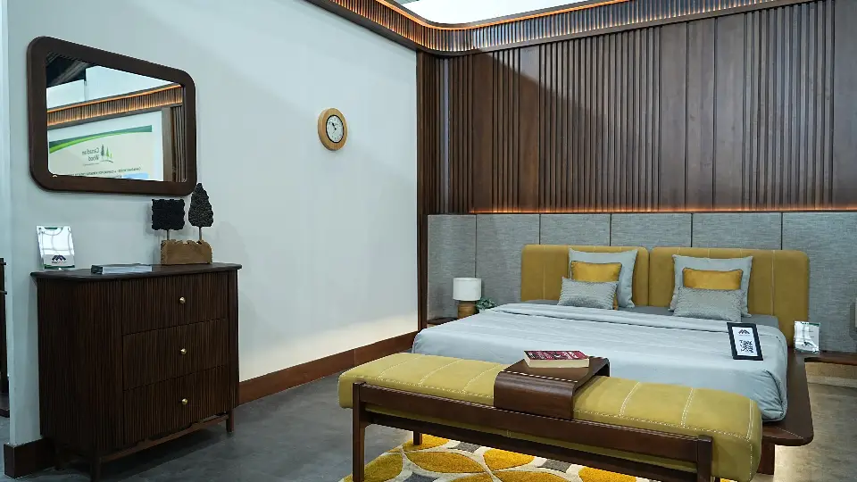 brown and white hotel room constructed using canadian timber species