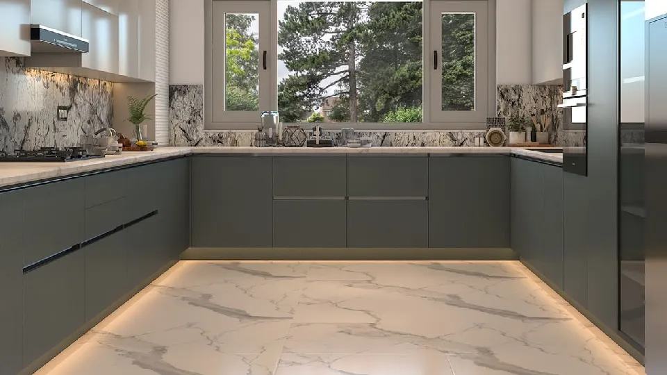 green modular kitchen with marble flooring, cabinets and appliances