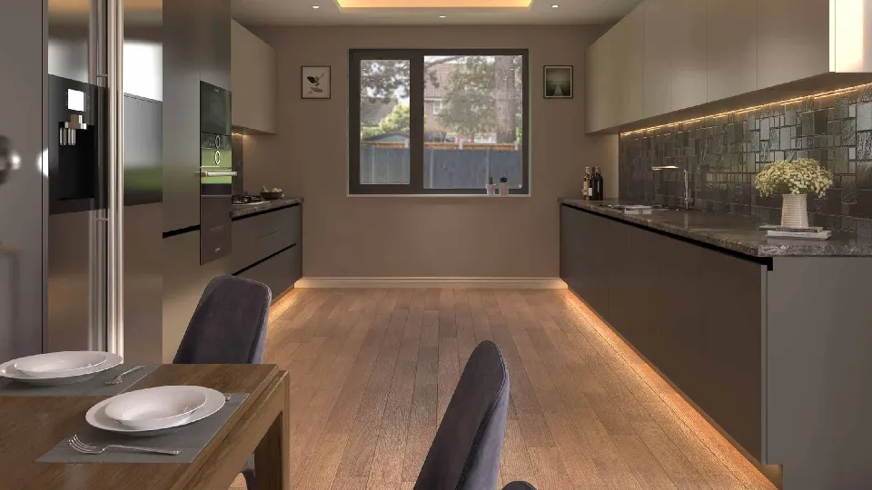 A brown kitchen having ceiling lights