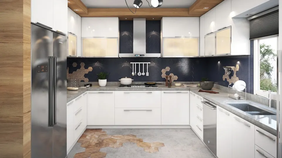 white u shaped kitchen layout with cabinets, cupboards and appliances