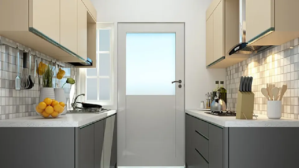 white parallel cooking area layout with cabinets, cupboards and appliances