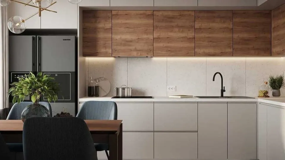 white kitchen with kitchen island, chairs, cabinets and appliances