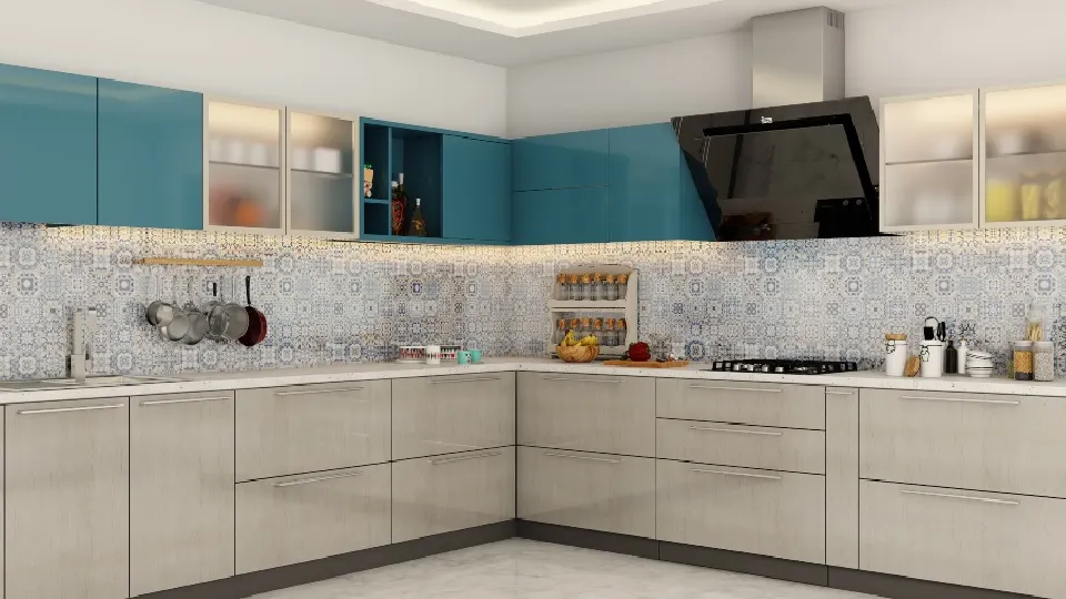 white kitchen design with blue accents, cabinets, cupboards and appliances