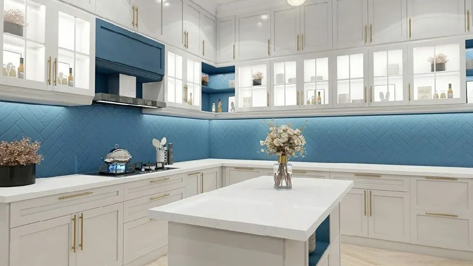 blue kitchen backsplash with white kitchen cupboards, cabinets and appliances