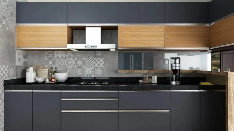 black kitchen design with brown accents, cabinets and appliances