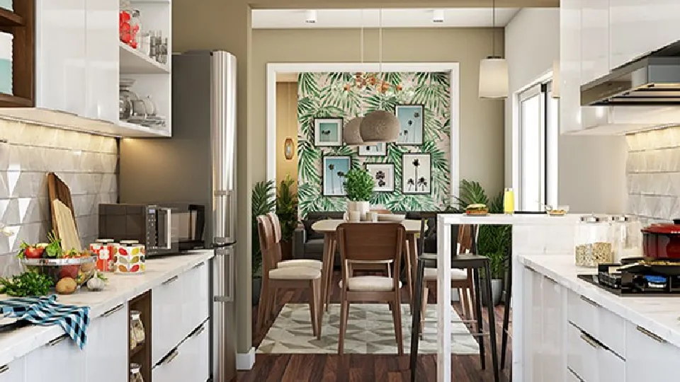 white parallel kitchen layout with appliances, cabinets and cupboards