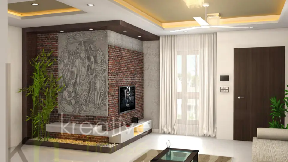 White living room design with brick wall cladding 