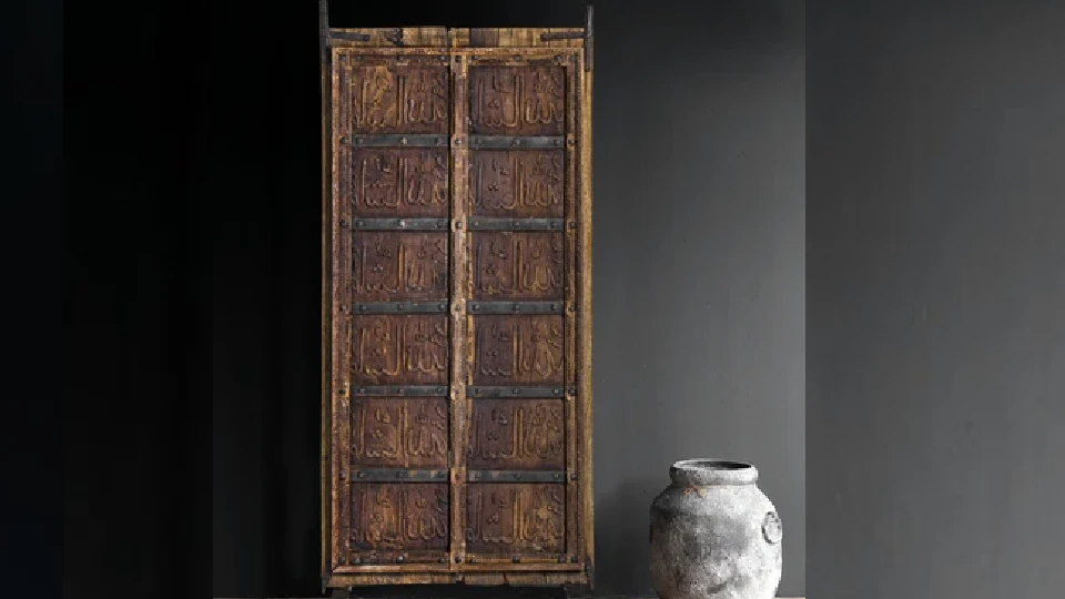 brown door with potted plants