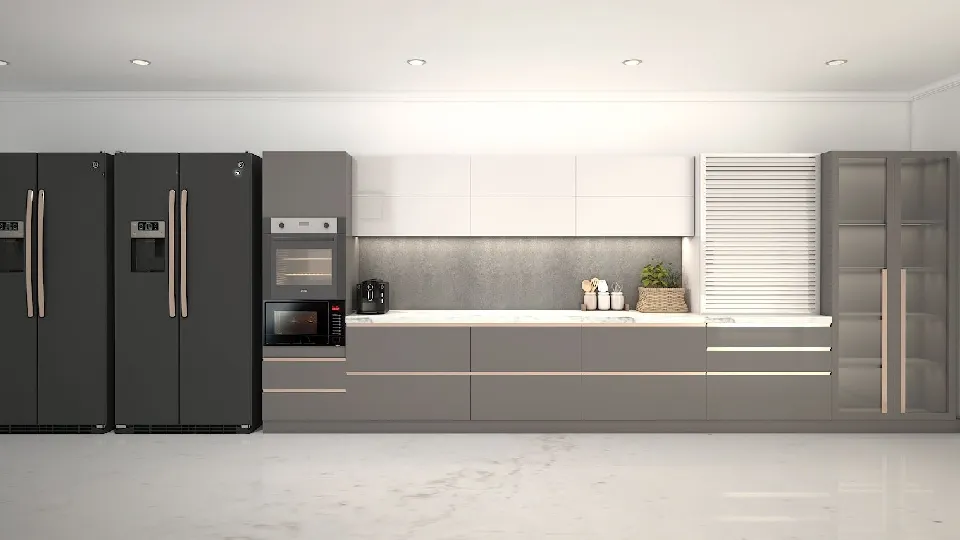 white modular cooking area in a straight kitchen layout with grey cabinets