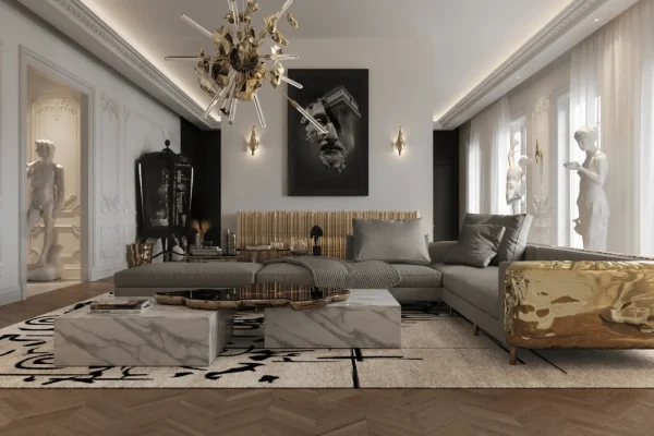 luxury false ceiling design for living rooms, modern living room with warm lighting, gold statement chandelier, grey sofa, and wooden flooring