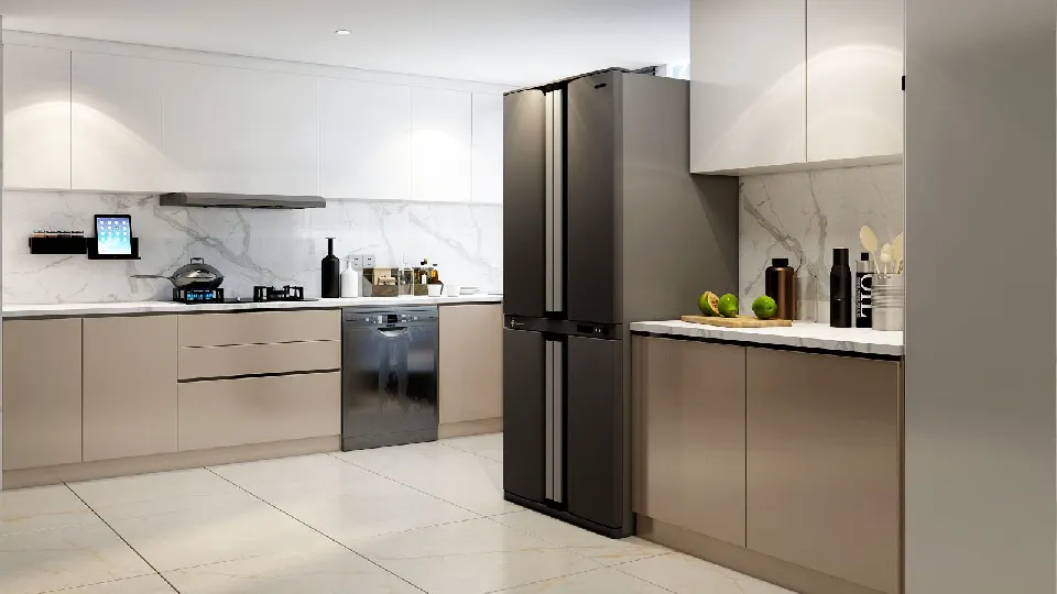 brown cooking area with a refrigerator, cabinets and cupboards