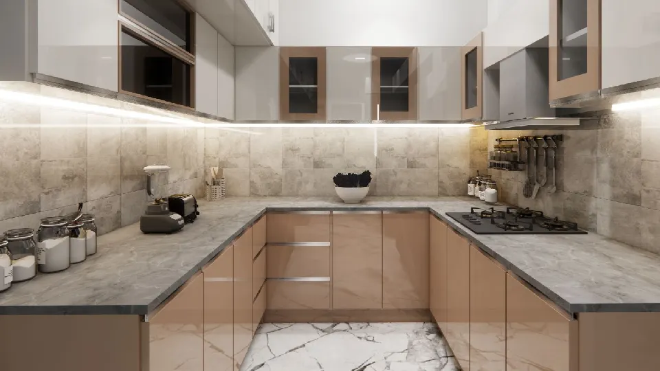 U shaped kitchen with brown cupboards, appliances and cabinets