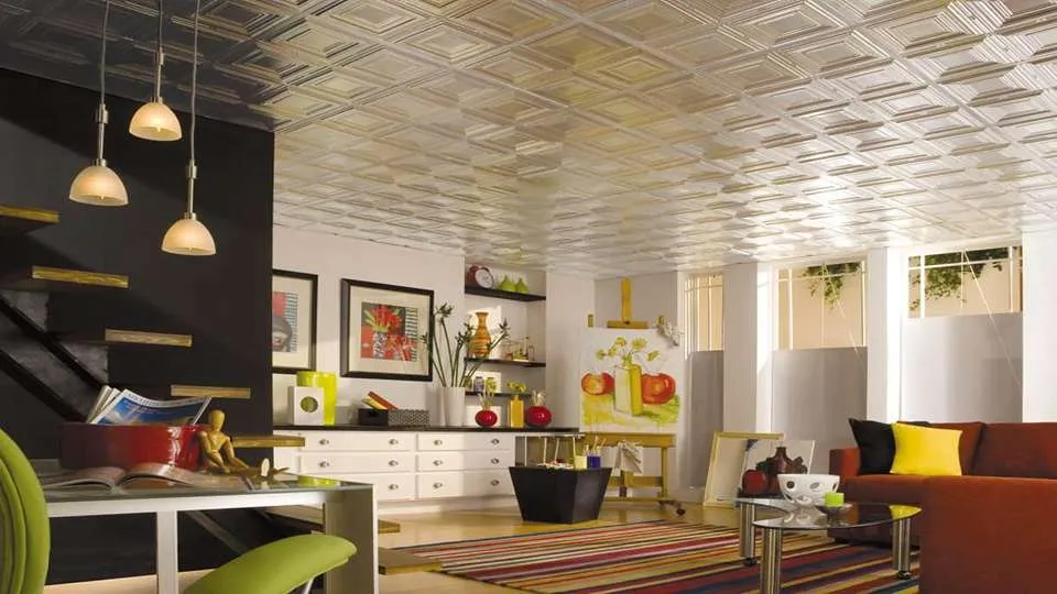 A false ceiling frames the room with subtle grace,Hiding wires and pipes while enhancing space.