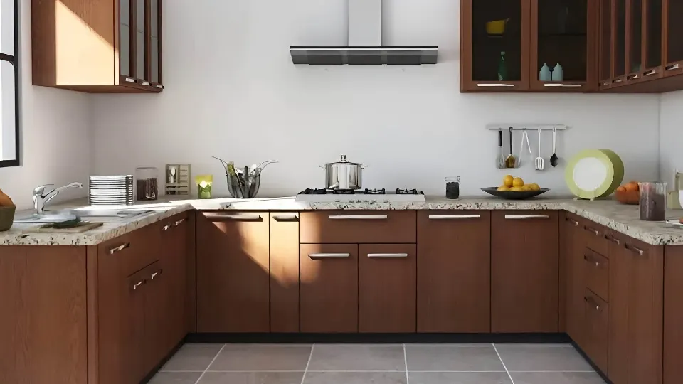 u shaped kitchen design with brown cabinets, cupboards and appliances