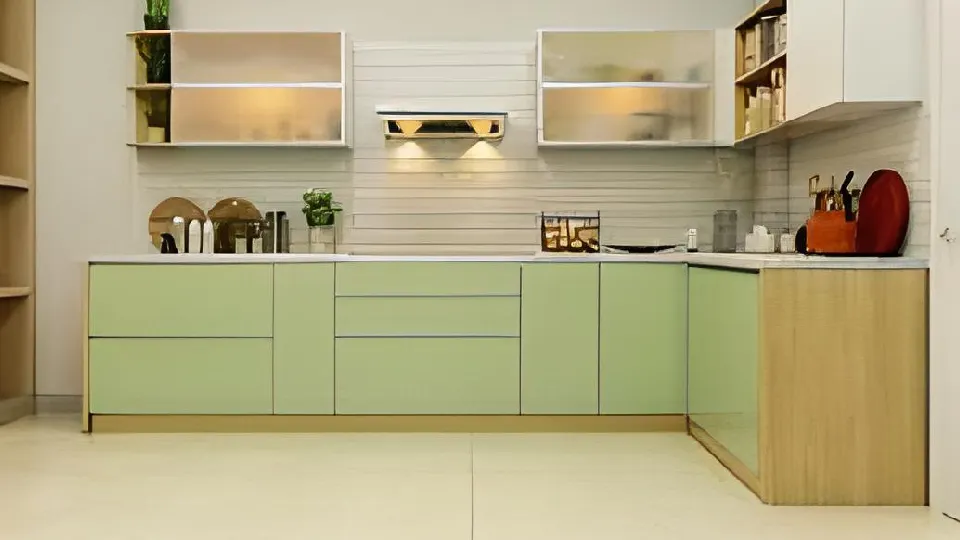 green modular cooking area design with cabinets and cupboards