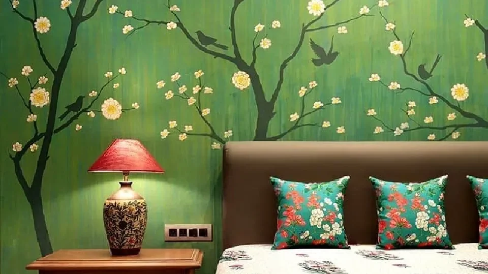 bedroom with beautiful mixed pattern wall paint design