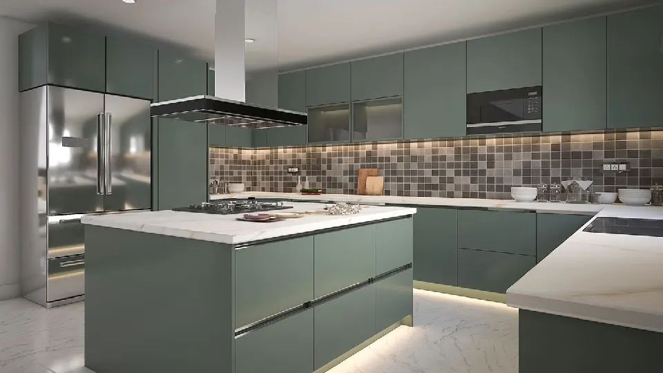 green kitchen design with a kitchen island, chimney, cabinets and appliances