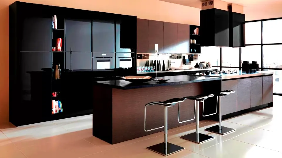 brown modular cooking area with 3 chairs and appliances