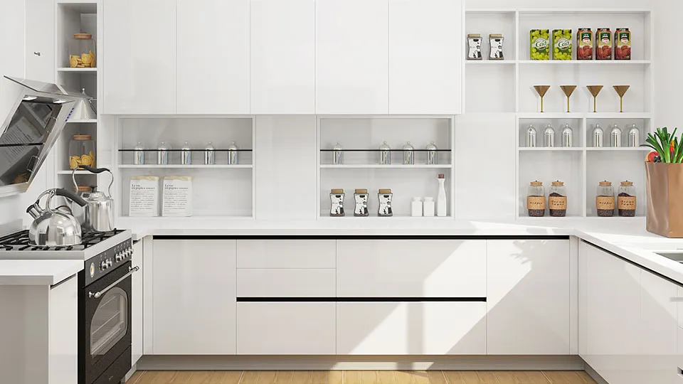 white modular cooking area with cabinets, countertops and appliances