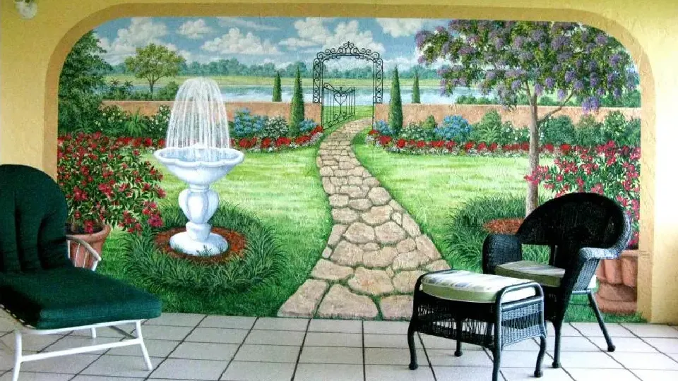 Garden themed mural with seating