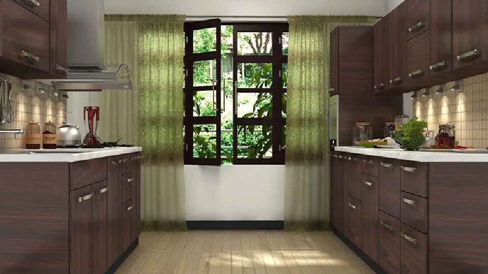 brown parallel kitchen design with brown wooden floors, cabinets and cupboards