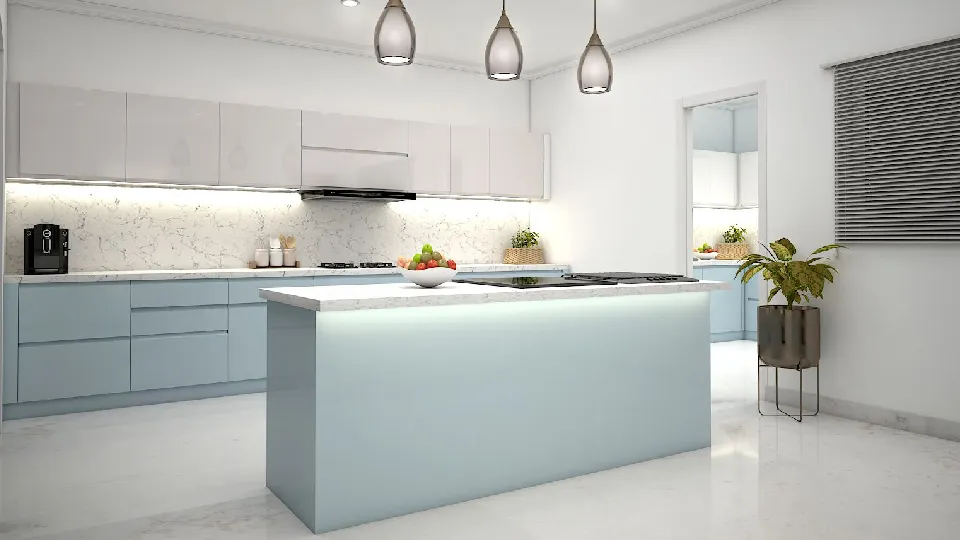 blue kitchen design with a kitchen island and decorative lighting