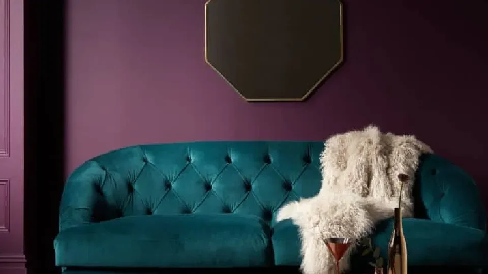 Purple living room wall with sofa