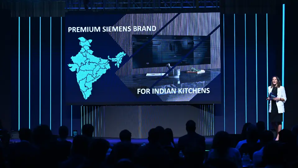 Presentation being conducted at the Siemens Progress event on the modular kitchen industry