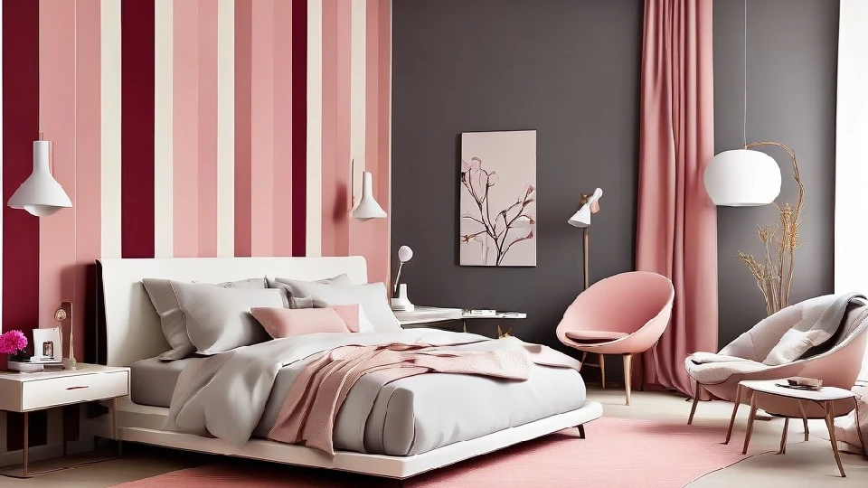 Room colour combination of shades of pink strips and grey 