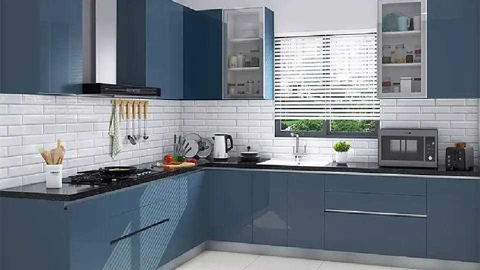 blue cooking area layout with cupboards, cabinets and appliances