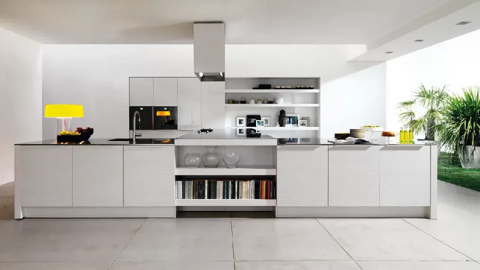 white cooking area with a chimney, white cabinets, cupboards and appliances