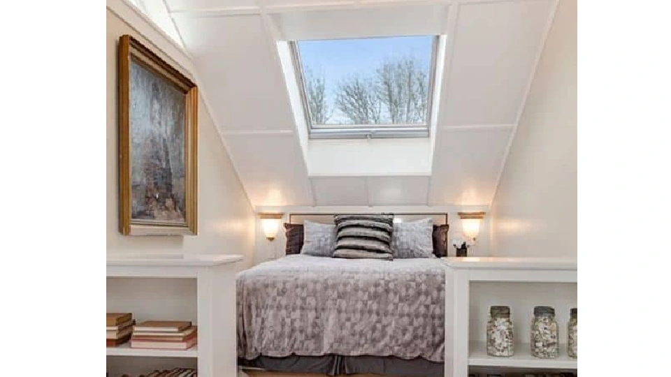 sloping skylight false ceiling design for bedroom