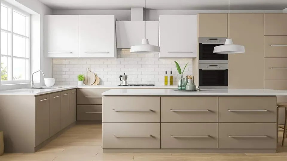 brown cooking area with brown wooden flooring, cabinets, cupboards and appliances