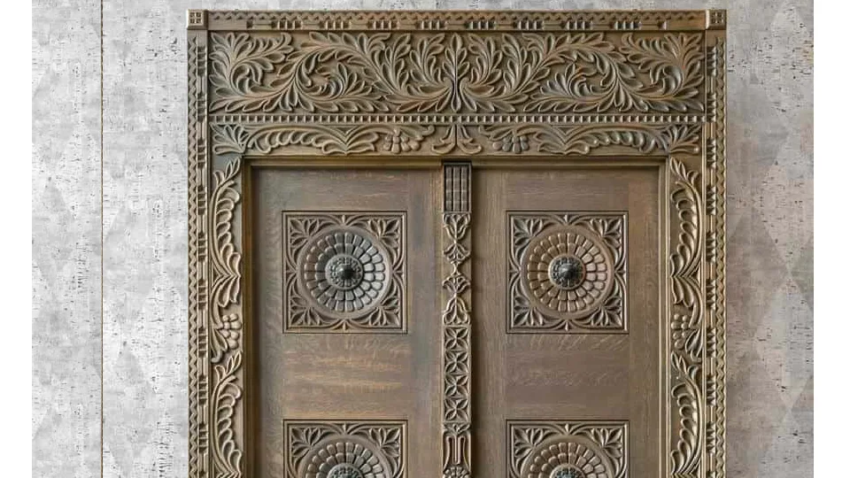 Beautifully engraved Indian style brown wooden door design for home entryway