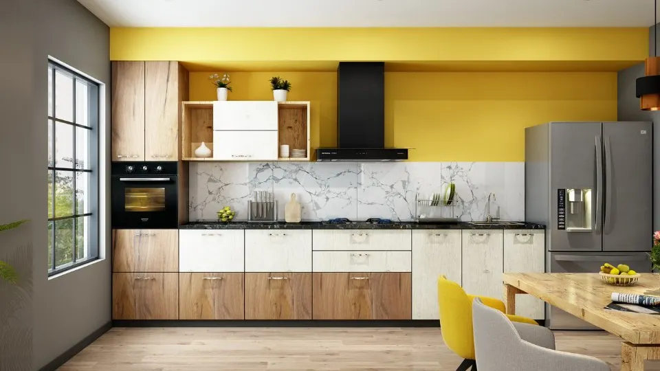 dual toned kitchen cabinets in a kitchen with appliances, chair, table and cupboards