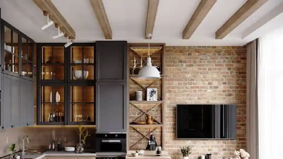 wooden planks on ceiling with pendant lights